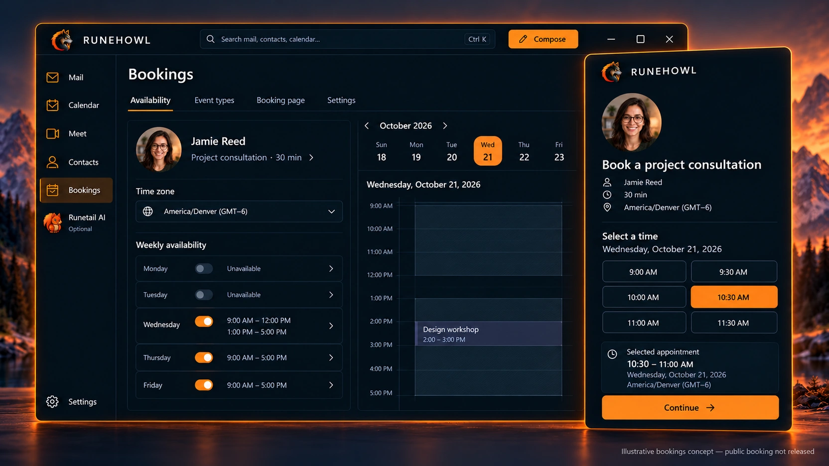 Illustrative Runehowl product preview: Bookings workspace