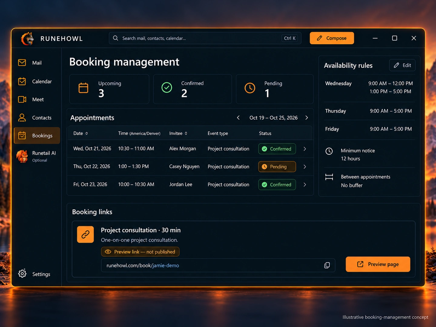 Illustrative Runehowl product preview: Bookings details
