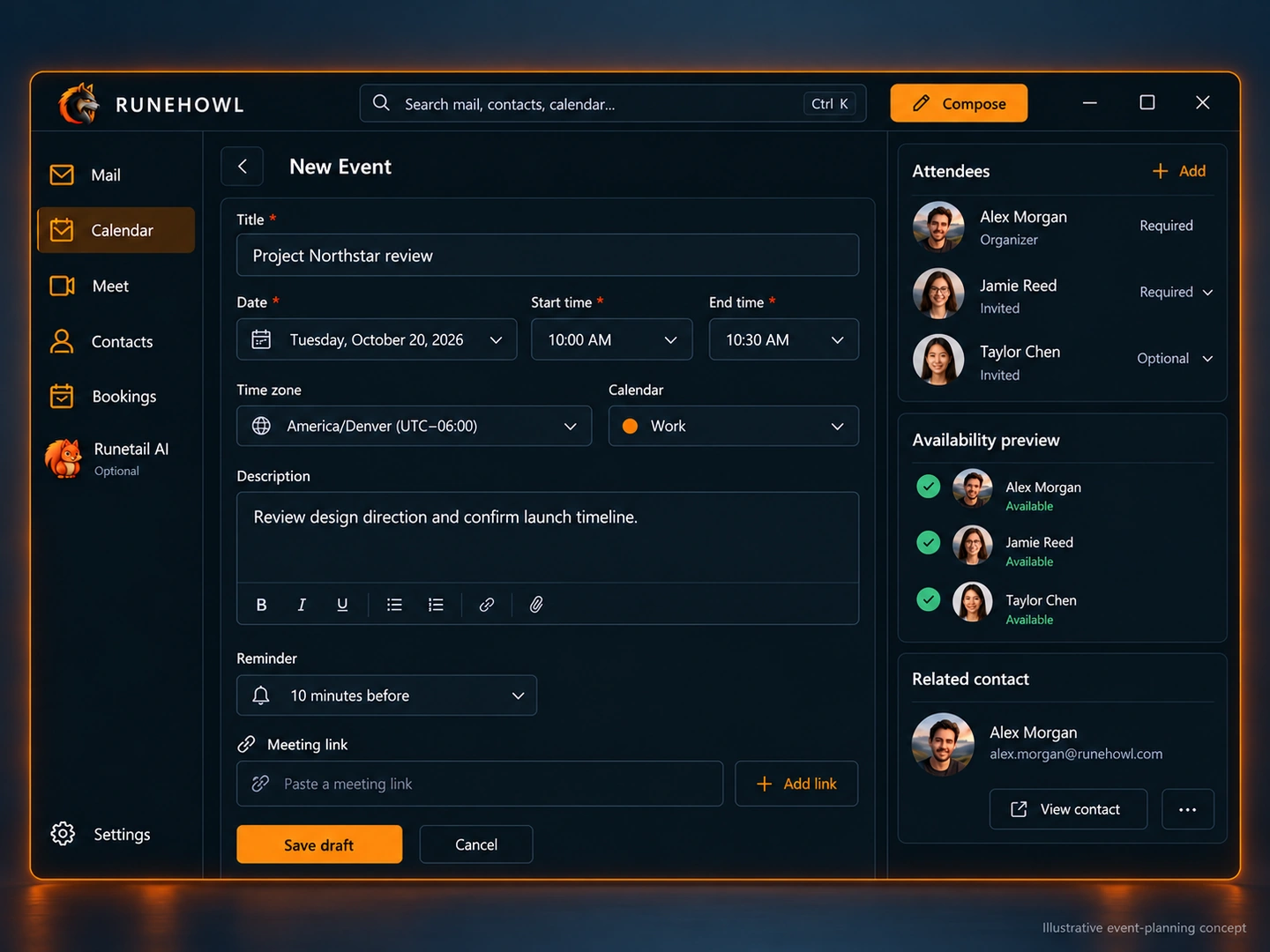 Illustrative Runehowl product preview: Calendar details