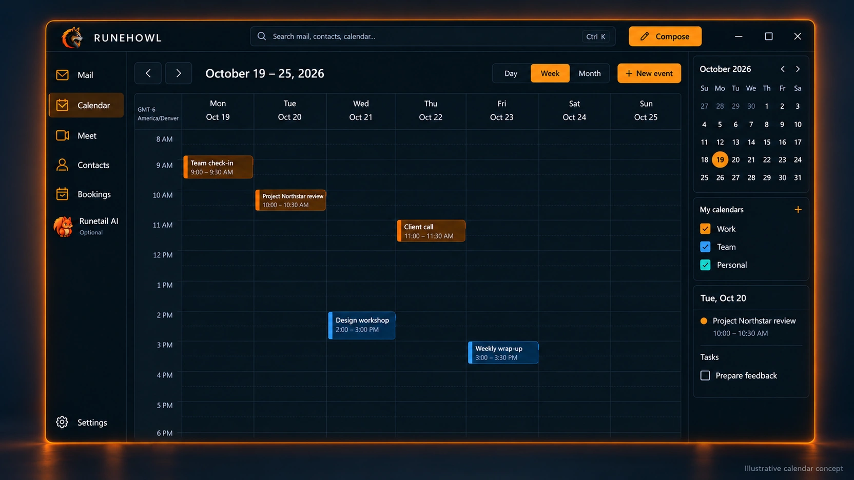 Illustrative Runehowl product preview: Calendar workspace