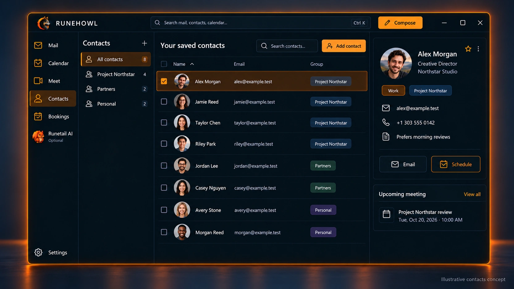 Illustrative Runehowl product preview: Contacts workspace