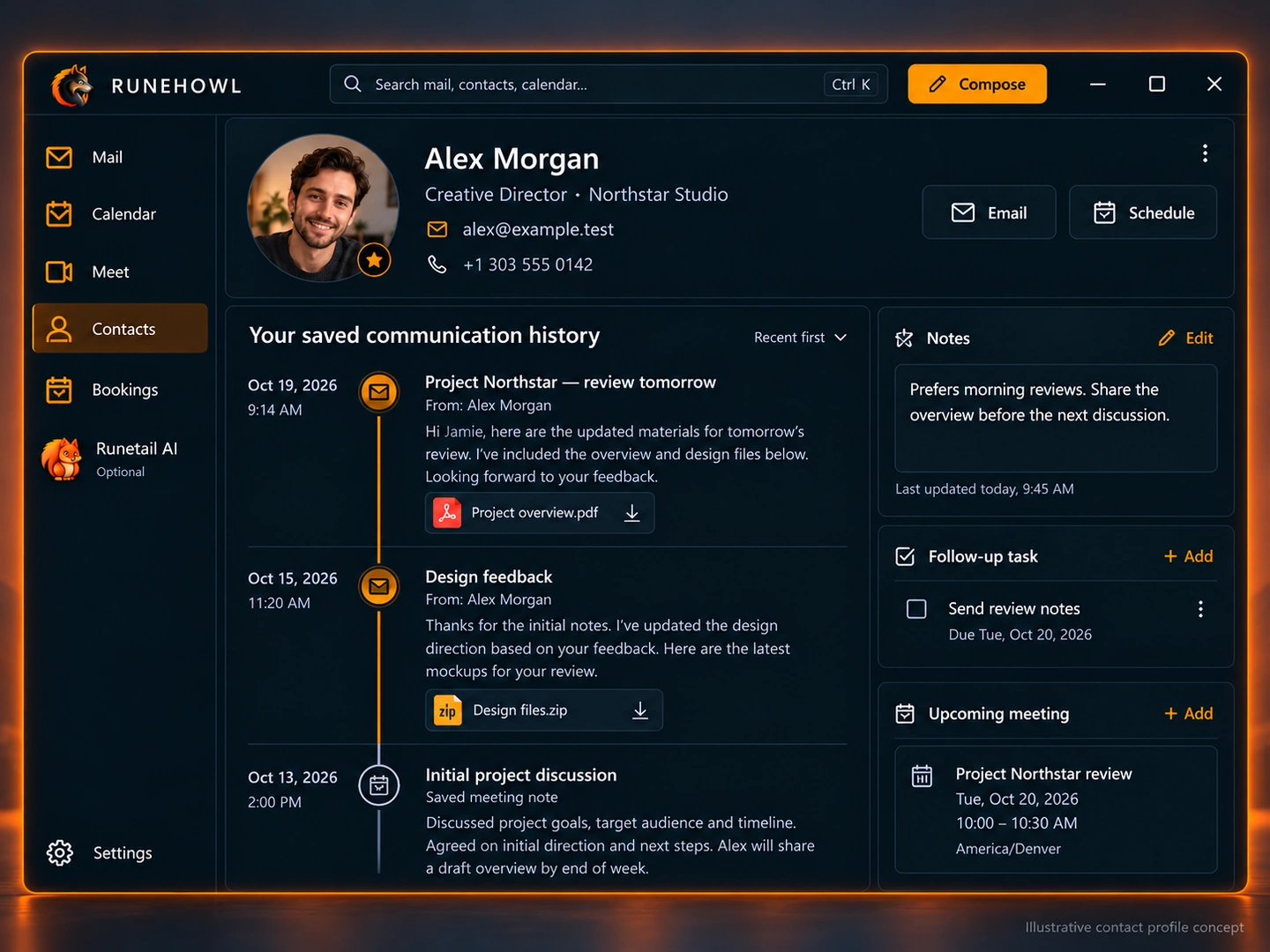 Illustrative Runehowl product preview: Contacts details